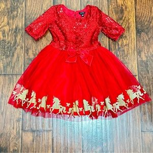 🦄 Zunie Girls Red Sequin Dress with Gold Unicorns (Size 6X)